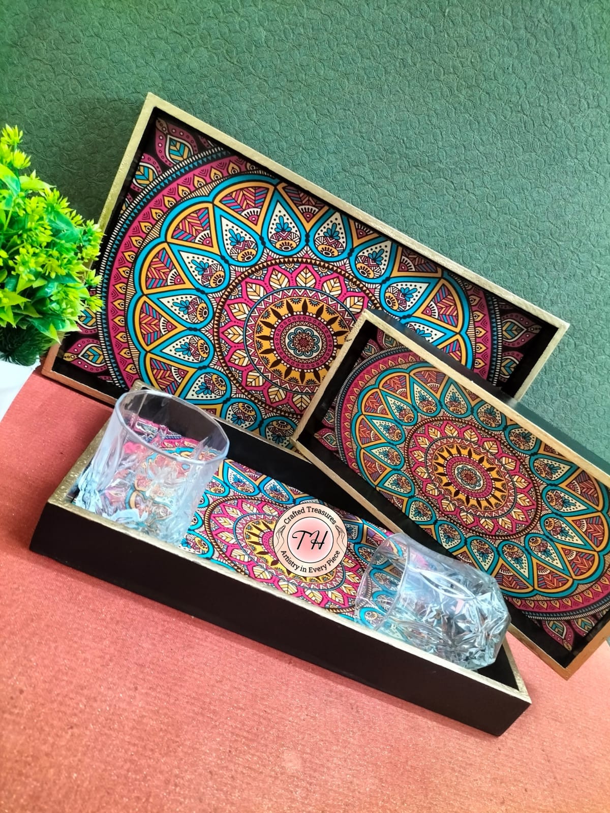 wooden with epoxy print mandala design , set of 3 trays for home/ office/ gift item